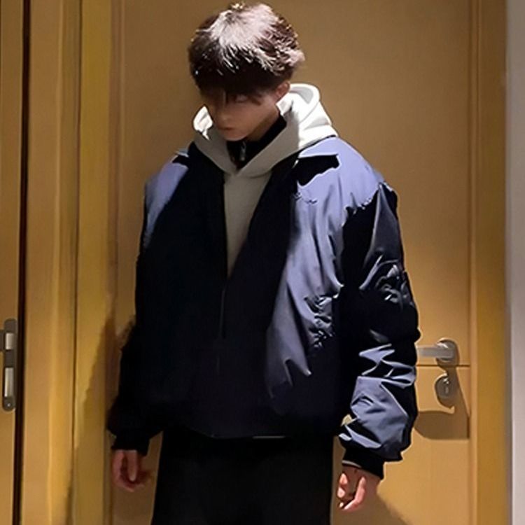 网红显瘦cleanfit风棒球服外套男款秋冬大码胖子藏青色飞行员夹克