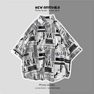 衬衫 夏装 短袖 男女大码 ins报纸胖子日系文艺洋气学生衬衣潮 情侣款