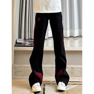 斜杠条纹红撞色显瘦款拼接款牛仔裤小众大码胖子美式红黑设计长裤