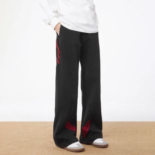 斜杠条纹红黑撞色显瘦微牛仔裤大码胖子美式工装拼接长裤