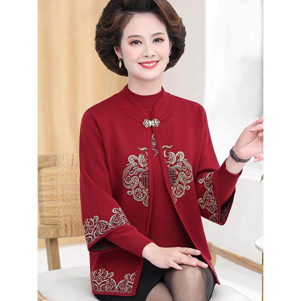 中老年女秋装洋气喜庆开衫外套妈妈秋冬大码上衣羊毛针织两件套装,女装/女士精品,中老年女装,淘宝优惠券,粉丝福利购,淘宝优惠卷