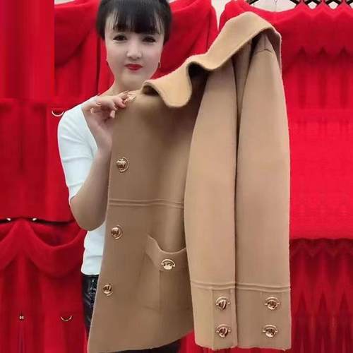 中年妈妈装女春秋款外搭双面呢子大衣外套洋气宽松毛呢针织开衫冬