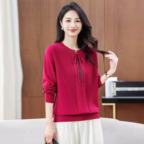 妈妈装洋气木耳边针织衫女士百搭系带宽松显瘦打底衫焦麻套头上衣