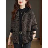 宽松连帽开衫 秋冬新款 妈妈毛呢外套女春秋休闲中年大码 上衣厚