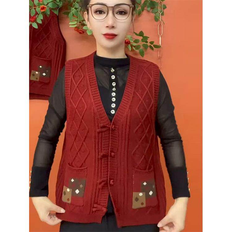 秋冬新款中老年妈妈装针织马甲V领系扣口袋显瘦无袖软肩背心上衣,女装/女士精品,毛针织衫,淘宝优惠券,粉丝福利购,淘宝优惠卷