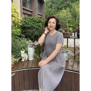 夏季妈妈新款女-褶皱连衣裙短袖大码显瘦遮肉百褶裙中长裙