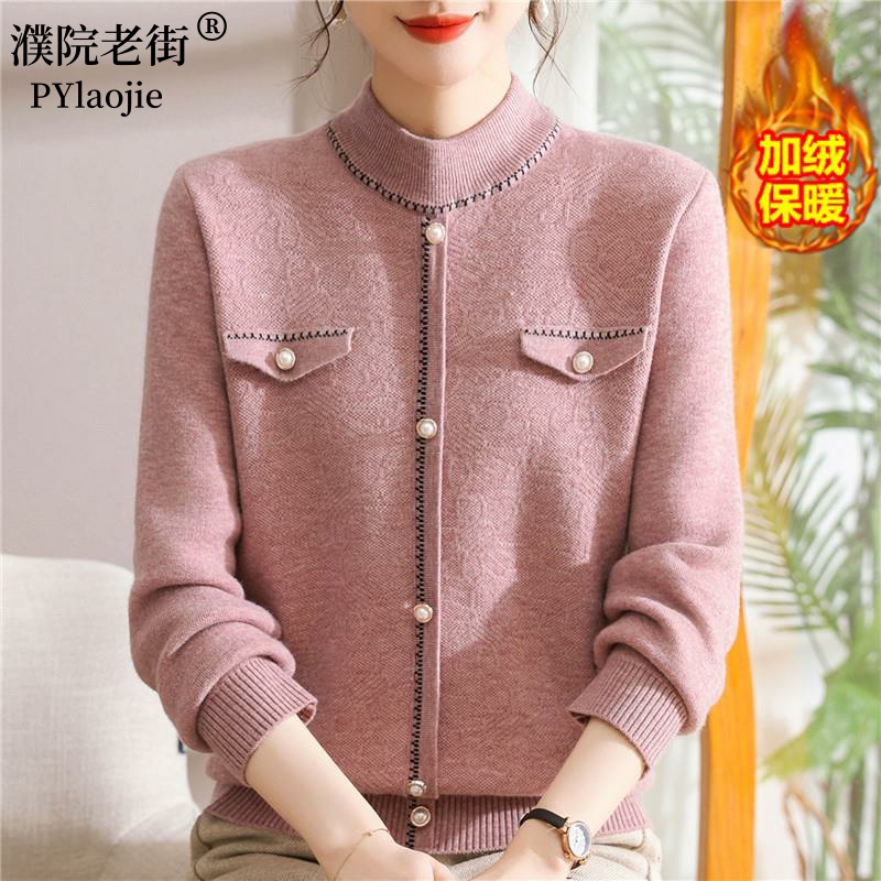 妈妈冬装加厚毛衣保暖打底衫中老年女秋冬季小香风一体绒针织上衣