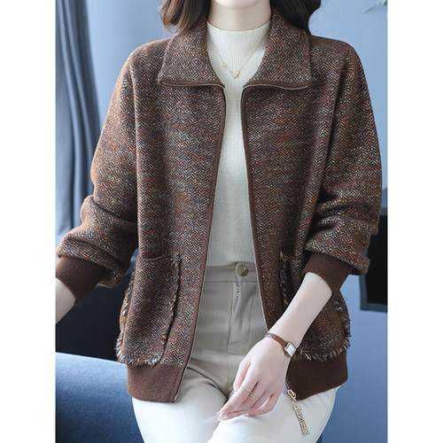 中年妈妈秋装大码拉链针织外套2025新款夹克中老年女秋冬洋气上衣