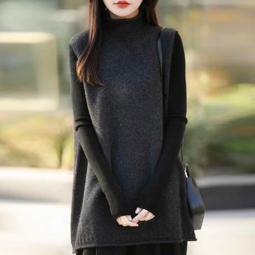 高领纯色长款针织马甲外套女2025新款洋气大码女装上衣秋冬毛衣