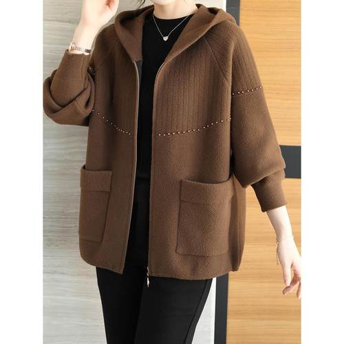 胖mm200斤羊毛呢外套秋冬宽松休闲加肥加大码双面羊绒连帽女上衣