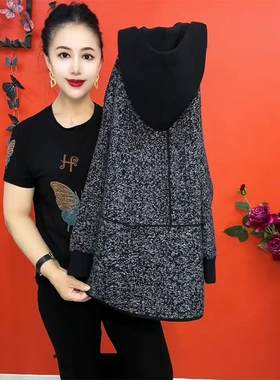 妈妈装秋装40到50岁洋气短款针织连帽外套上衣中年女春秋装拉链衫