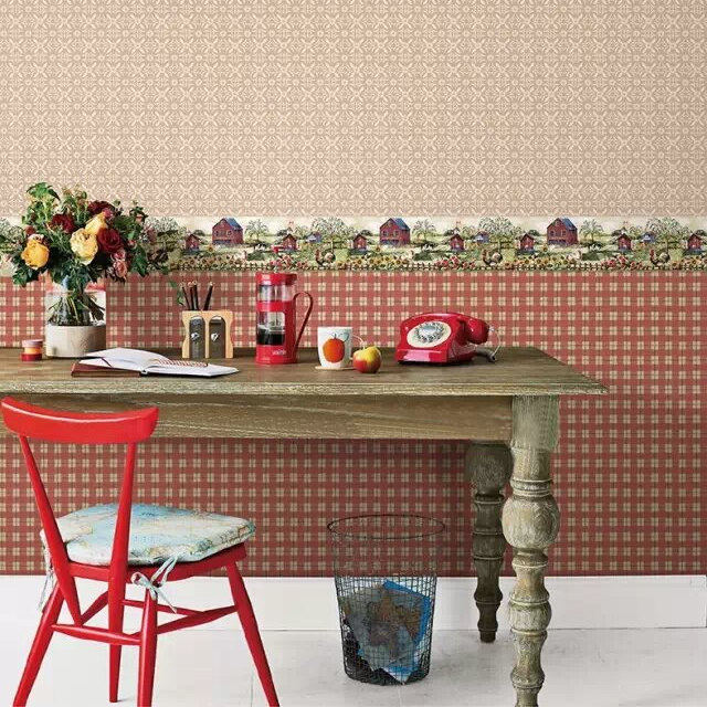 莫奈小镇墙纸环保纯纸美式乡村复古红色布纹格子客厅卧室墙裙壁纸,家装主材,纯纸墙纸,淘宝优惠券,粉丝福利购,淘宝优惠卷