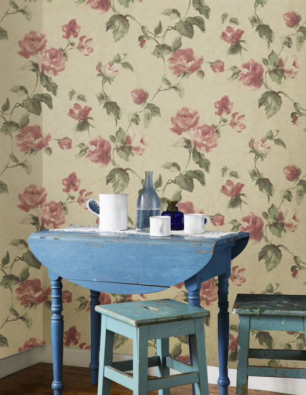 美国进口WQ纯纸墙纸美式乡村新古典田园藤蔓花客厅卧室背景墙壁纸