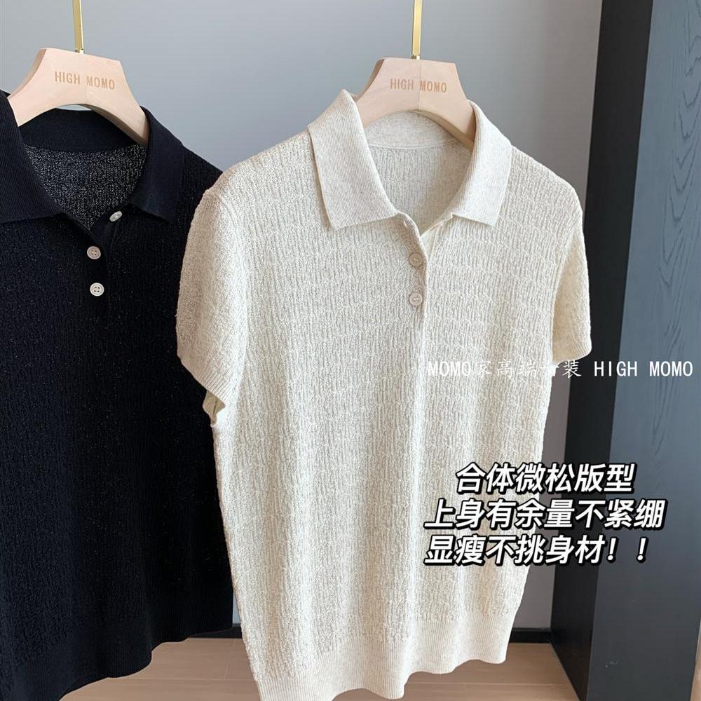 禾+系列！柜面1500+棉羊毛混纺polo领短袖针织衫简约套头上衣女