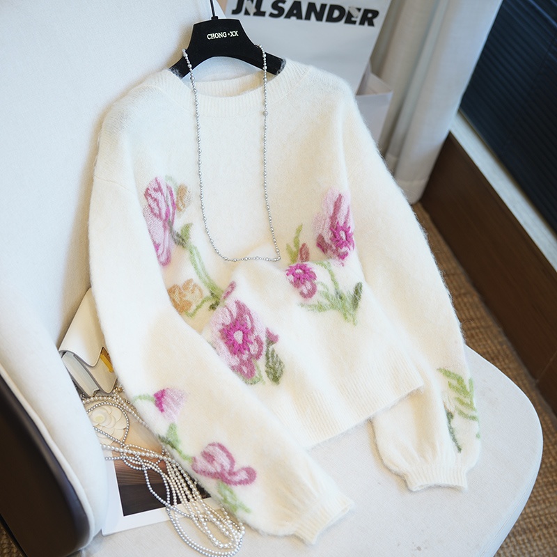 虫小小 灯笼袖温柔提花刺绣羊驼毛圆领针织衫女毛衣外套秋冬A58Q
