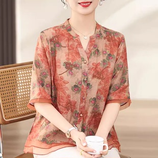 妈妈夏装 衬衫 2025新款 棉麻上衣中年短袖 中老年女夏季 T恤洋气套装