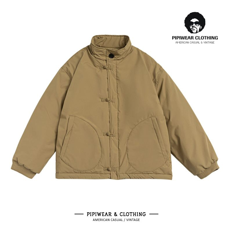 新中式盘扣卡其色棉衣冬季外套男高级感国风立领棉服冬天宽松棉袄