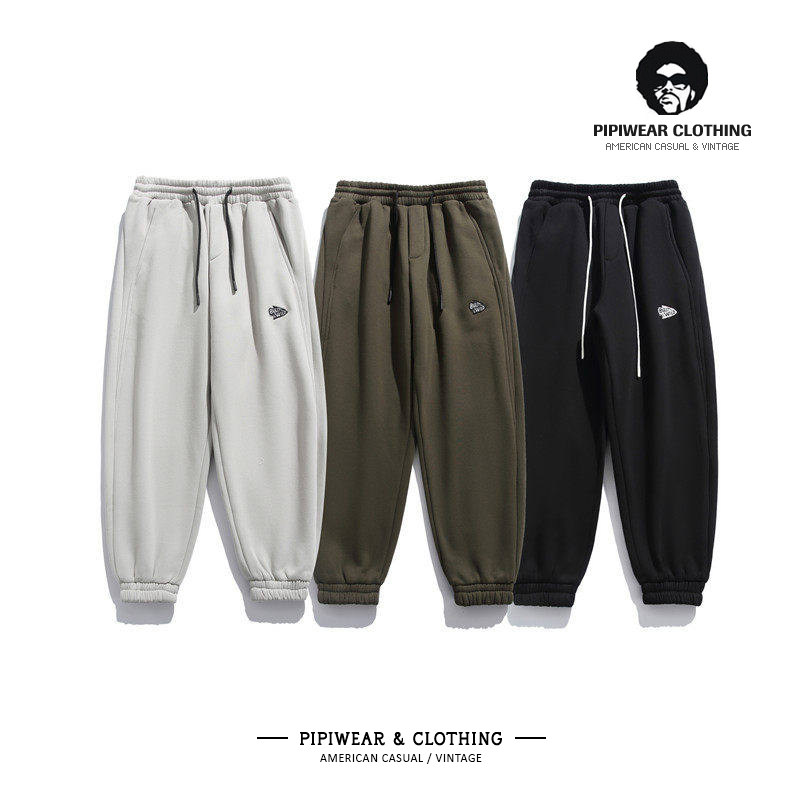 潮冬季简约刺绣加绒休闲裤2025新款男裤束脚运动卫裤冬天长裤子男