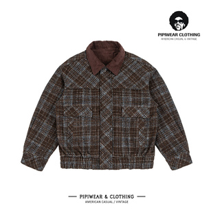 潮流秋天复古巴恩风毛呢格纹短款外套秋季灯芯绒翻领男士小众夹克