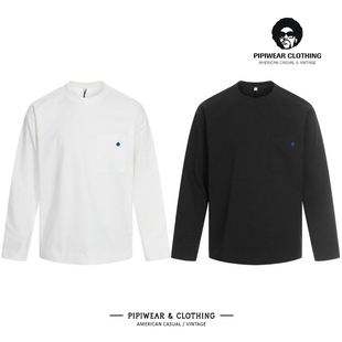 春季美式复古简约纽扣口袋圆领长袖T恤上衣男潮春天百搭打底卫衣