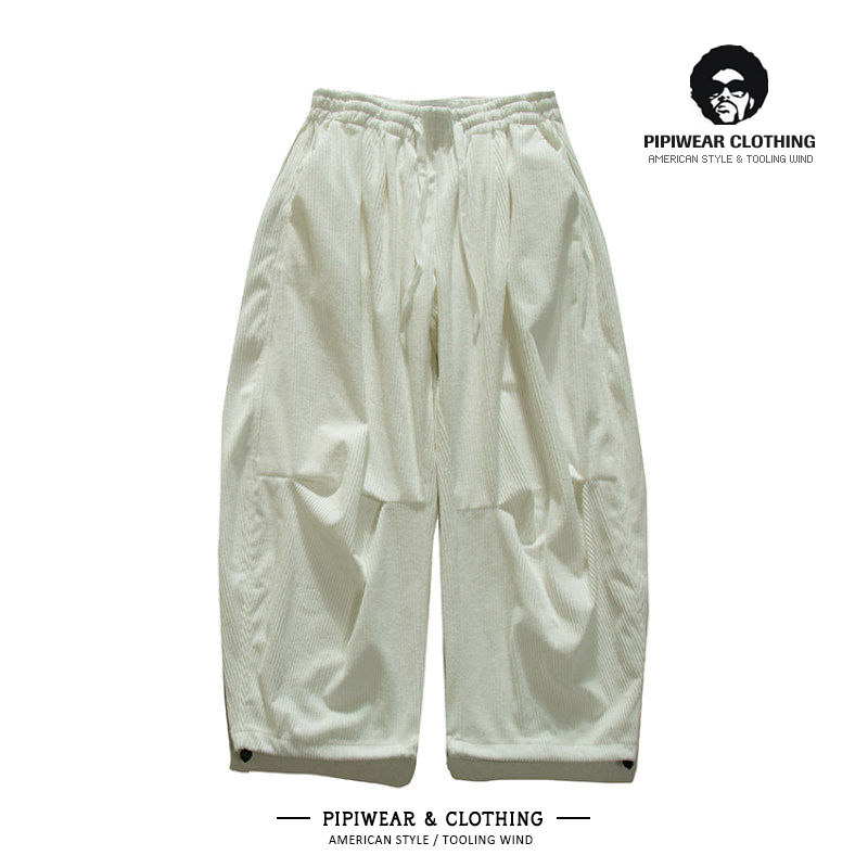 日式复古松弛感白色休闲裤宽松慵懒风男松紧腰灯芯绒男裤阔腿长裤