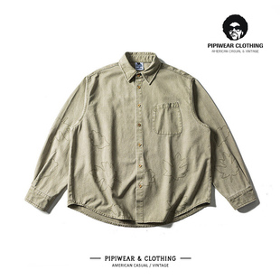 秋季复古枫叶刺绣纯色衬衫男长袖休闲廓型衬衣秋天新款设计感寸衫