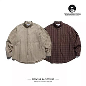 高街潮流春天复古长袖 寸衫 格纹衬衫 男宽松休闲百搭卡其色衬衣春季