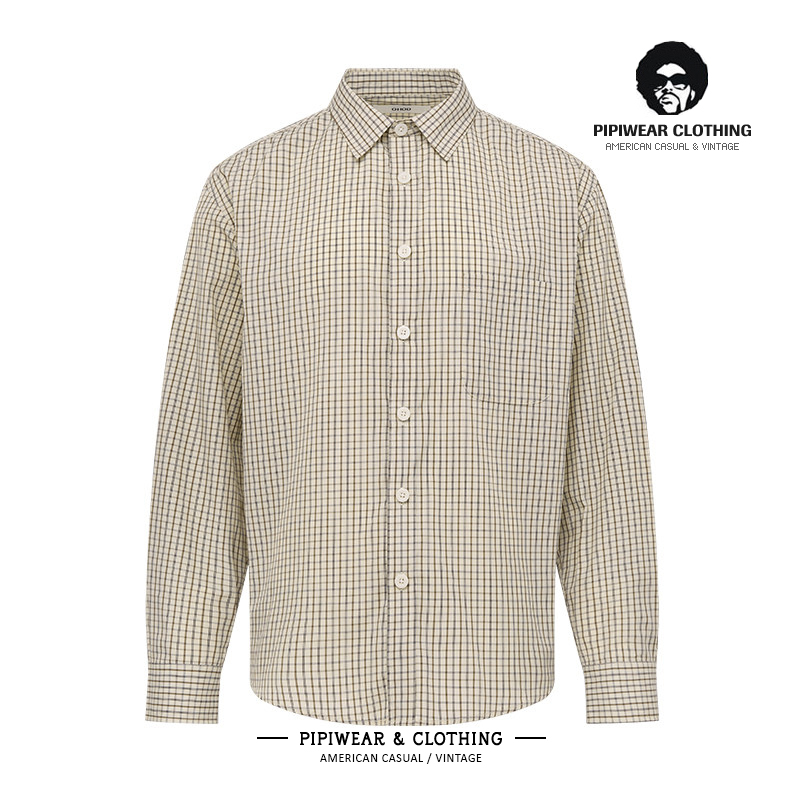 简约卡其色格子衬衫男秋冬季衬衣
