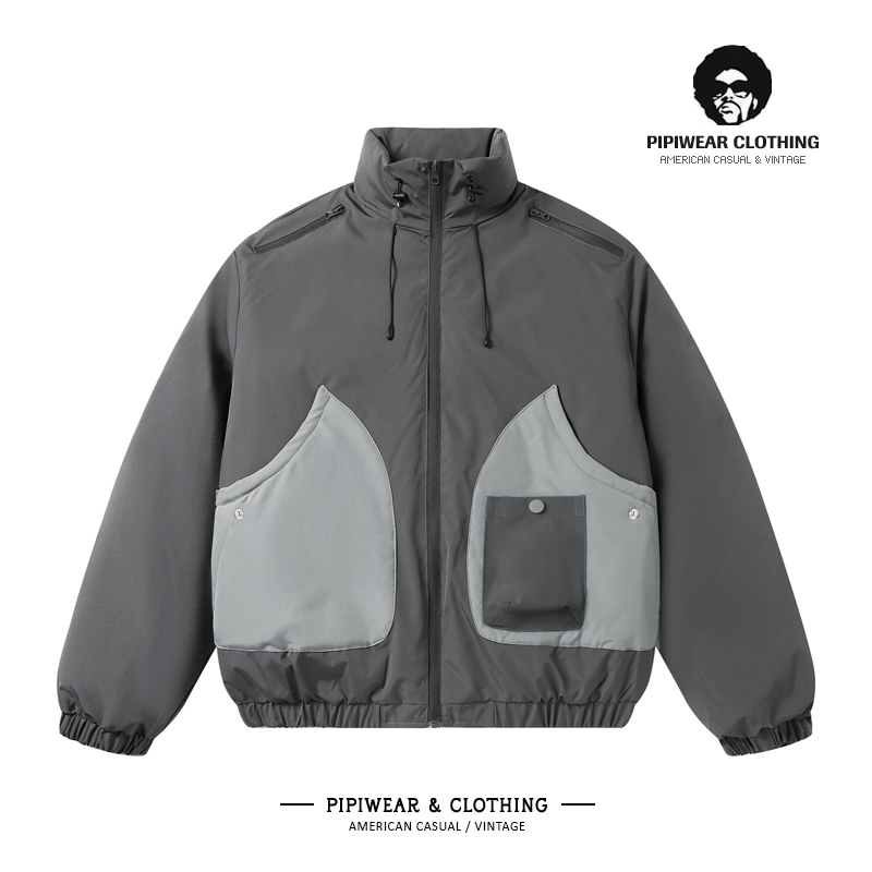 撞色立领棉衣外套多口袋工装棉服