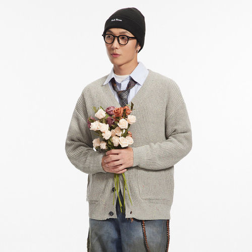 彩点针织衫情侣V领开衫毛衣外套