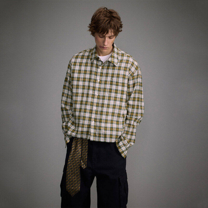 2025新款春季美式格子长袖衬衫男士复古宽松短款衬衣春天休闲寸衫