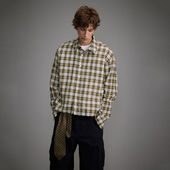 春季 衬衣春天休闲寸衫 美式 衬衫 2025新款 复古宽松短款 格子长袖 男士