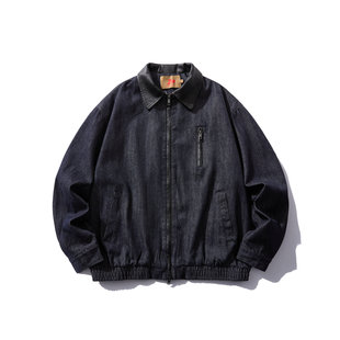 复古潮牌男士牛仔服新款简约皮领夹克外套