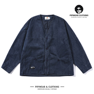 日系春天V领开衫宽松简约上衣磨毛无领道袍夹克ins春季薄款外套男