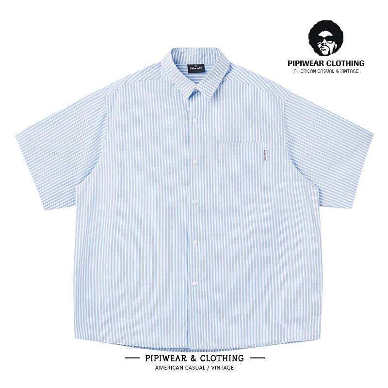 日系夏季复古蓝白条纹男士衬衫短袖夏天休闲宽松百搭上衣半袖衬衣