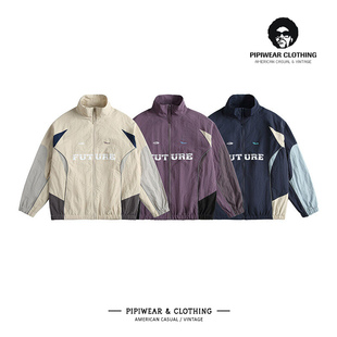 春季男士上衣潮帅气时髦印花夹克春天美式撞色拼接立领插肩袖外套