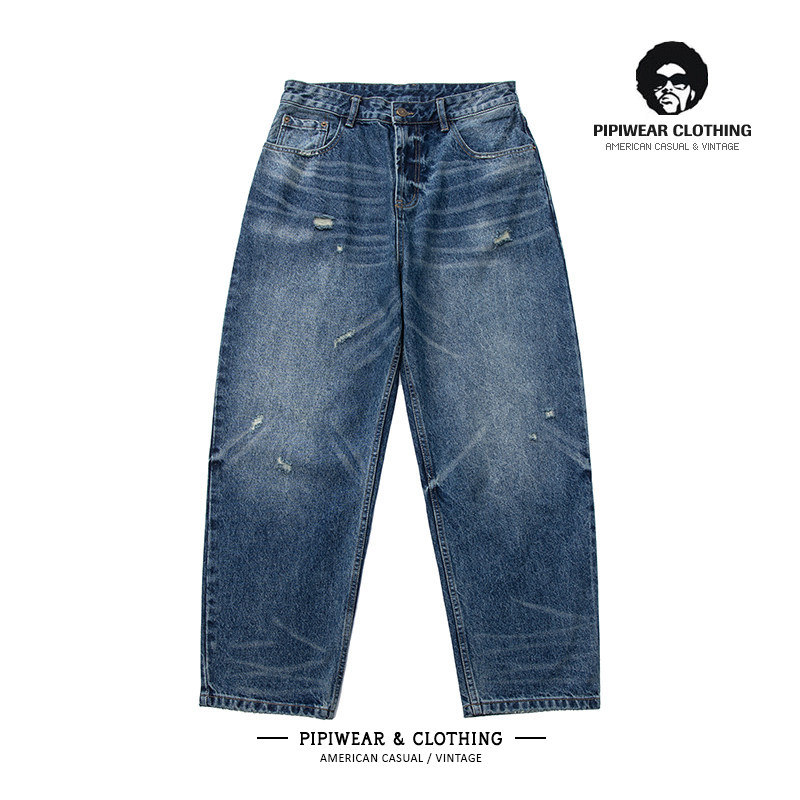 复古潮牌男裤做旧猫须破洞水洗牛仔裤宽松百搭休闲裤直筒阔腿长裤