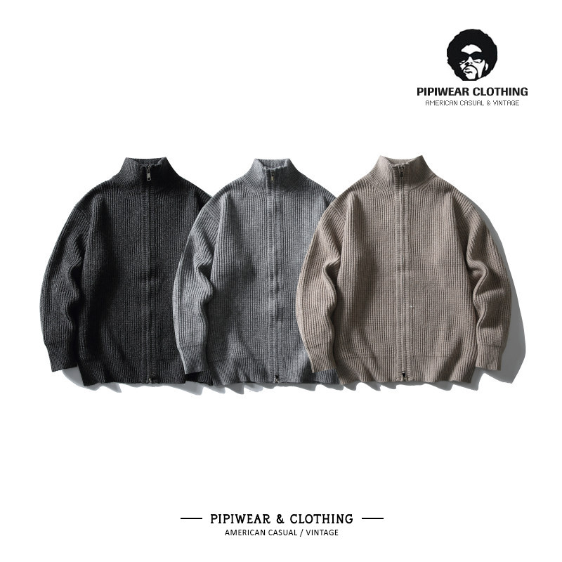 早秋简约纯色开衫双拉链高领毛衣男慵懒肌理感针织衫秋冬季线衫潮