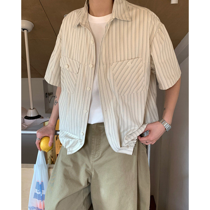 夏天韩系竖条纹衬衣下摆抽绳工装短袖衬衫男新款夏季宽松半袖寸衫