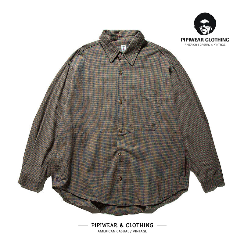 棕色格子衬衫男BF休闲长袖衬衣