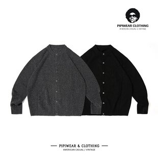 宽松针织衫 秋冬欧美学院风圆领毛衣开衫 男高级感羊毛混纺粗针线衫