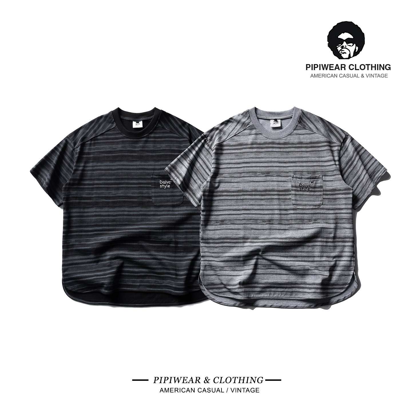 口袋刺绣条纹男士短袖t恤纯棉