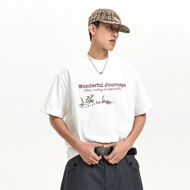 夏季2026上新款字母印花小领口正肩t恤男款夏天宽松休闲短袖上衣