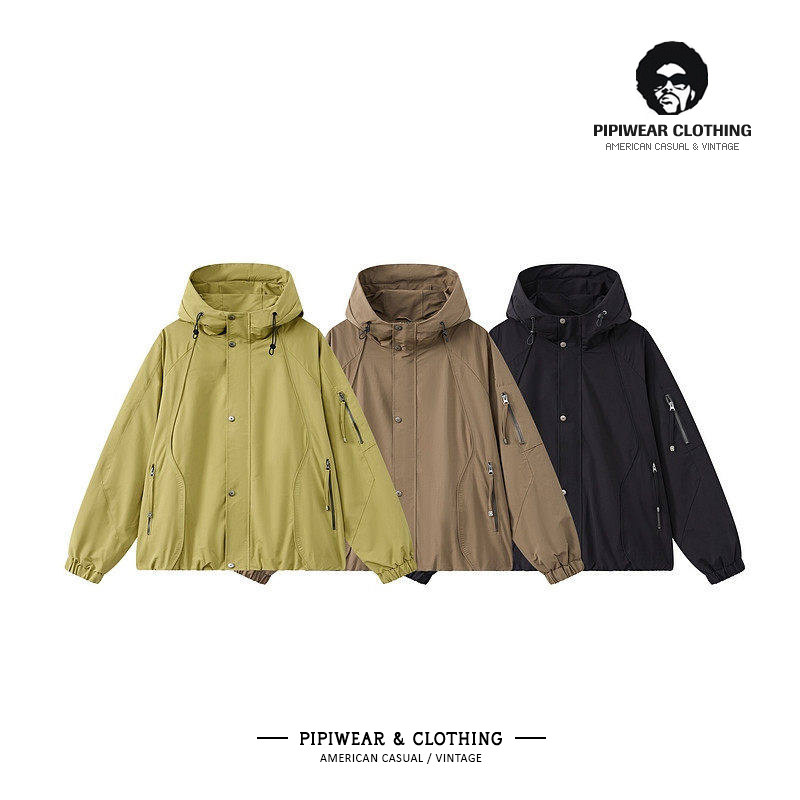 春季日系复古户外机能连帽男士短款夹克春天山系工装风冲锋衣外套