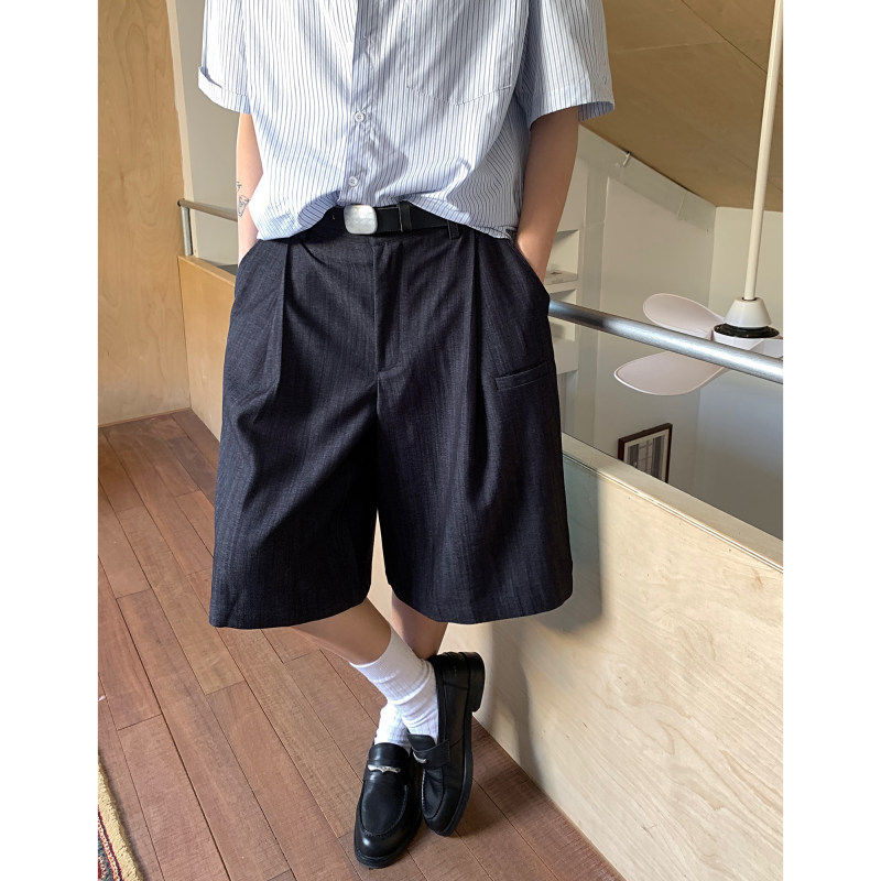 夏天复古纹理深蓝短裤男休闲通勤薄款五分裤夏季老钱风松弛感中裤