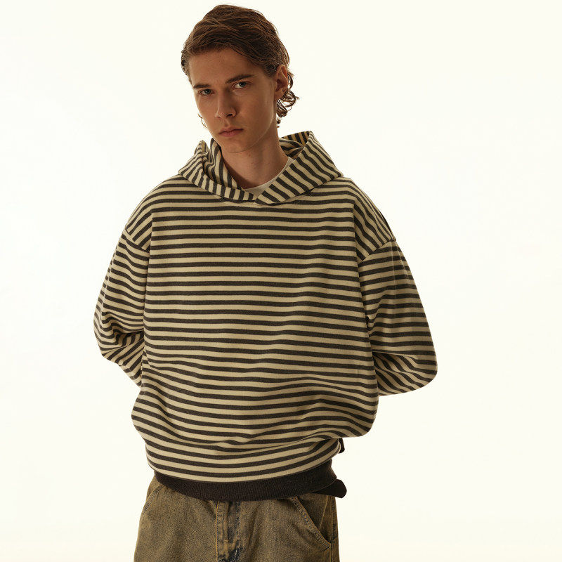 复古秋季宽松条纹撞色连帽卫衣男款美式高街潮牌慵懒风短款套头衫