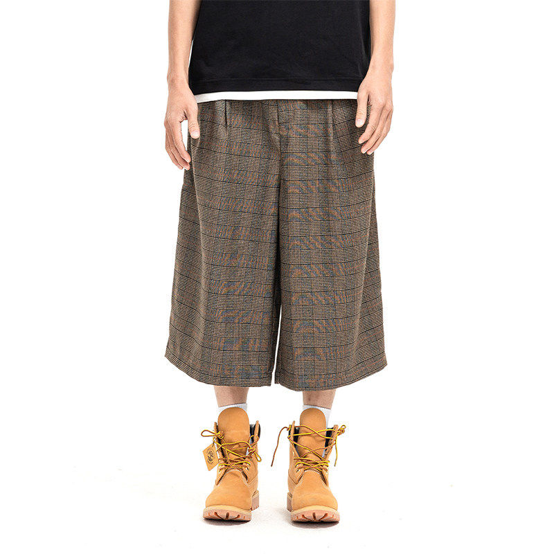 夏季美式复古立体压褶格纹七分裤男老钱宽松休闲短裤夏天直筒中裤