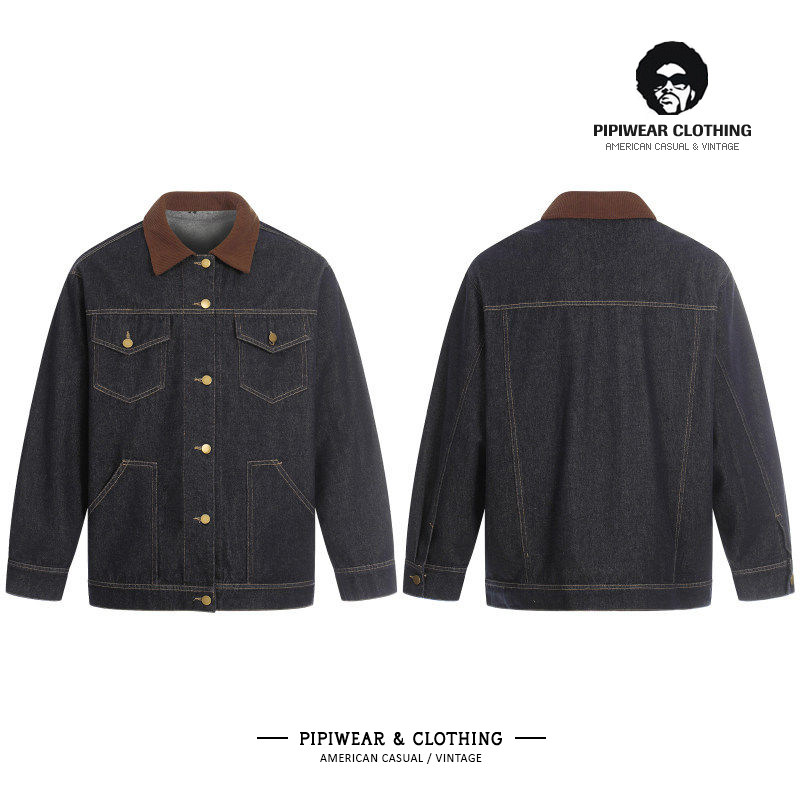 春天复古水洗丹宁工装牛仔男士外套潮帅气时髦灯芯绒翻领春季夹克