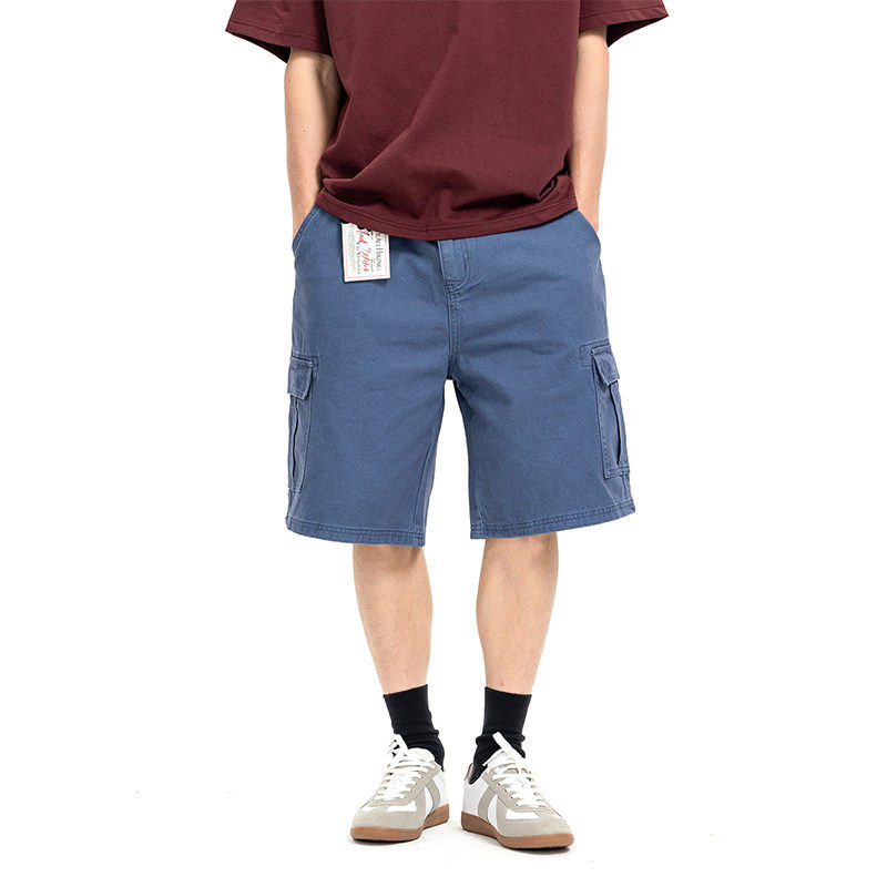 夏季美式复古休闲中裤男口袋工装宽松直筒五分裤夏天水洗做旧短裤