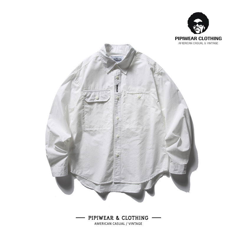 秋天纯色叠穿新款纯棉长袖衬衫刺绣撞色口袋工装衬衣秋季休闲寸衫